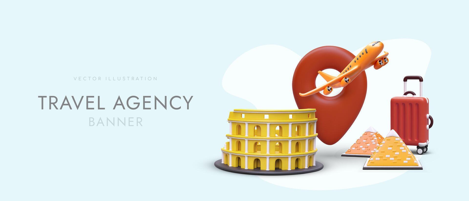 Advertising banner for travel agency in cartoon style. Most famous 3D landmarks with shadows vector