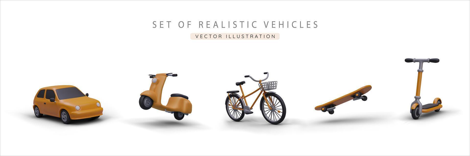 Set of realistic 3d yellow car, scooter, bicycle, skateboard and kick scooter vector