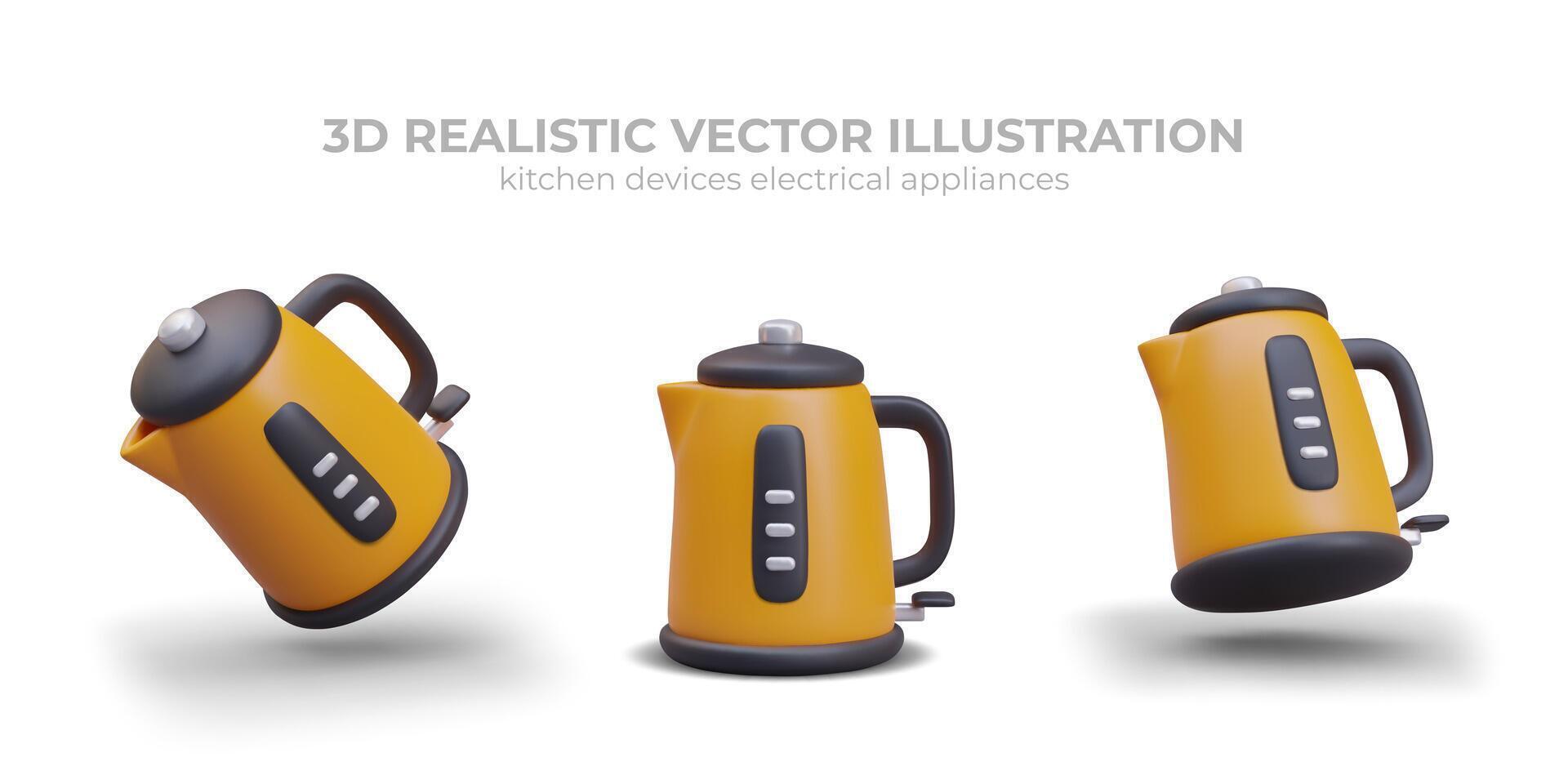 Yellow electric kettle in different positions. Device for heating water vector