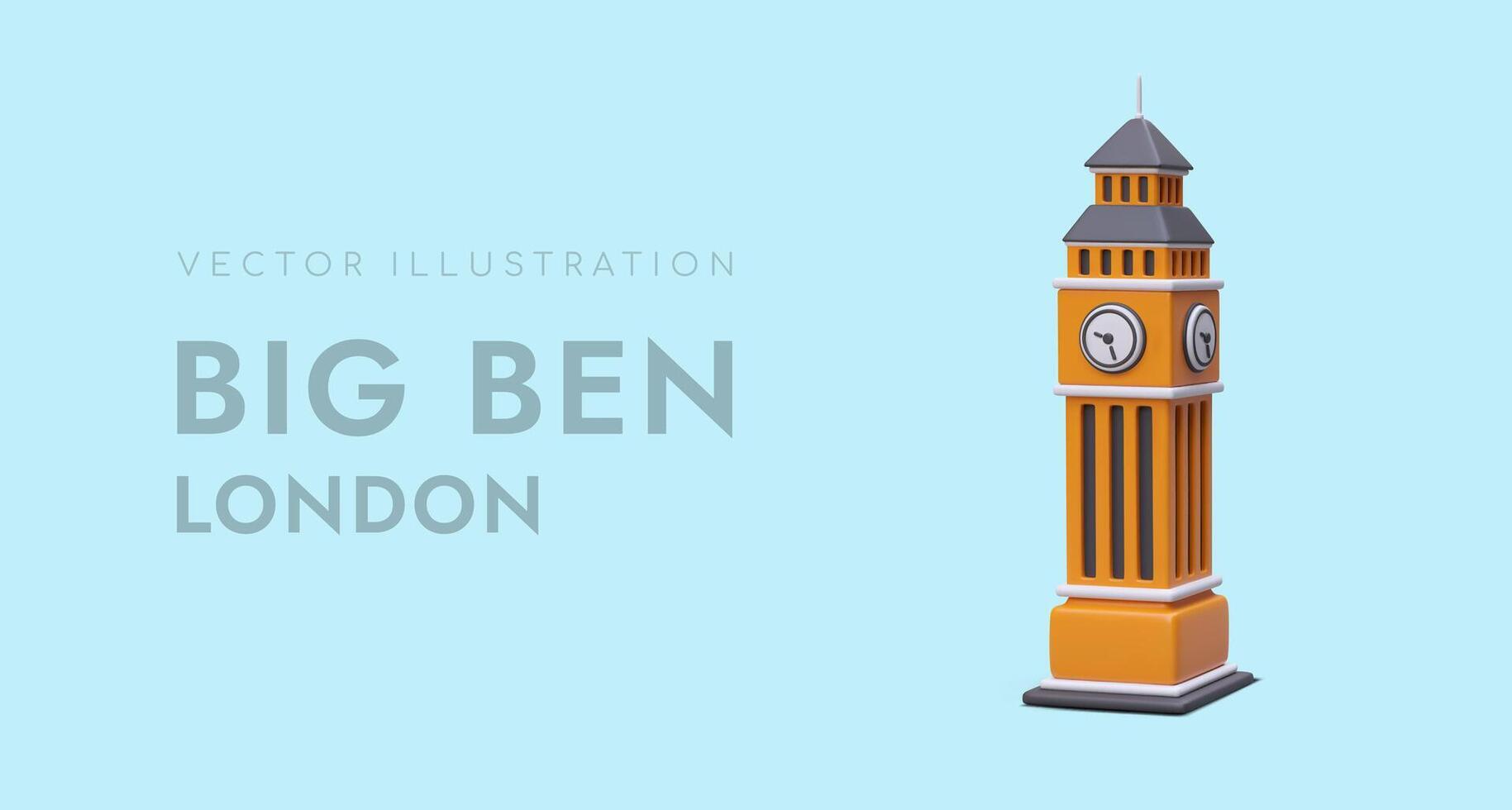 3D figure of Big Ben on horizontal poster. Realistic Elizabeth Tower vector