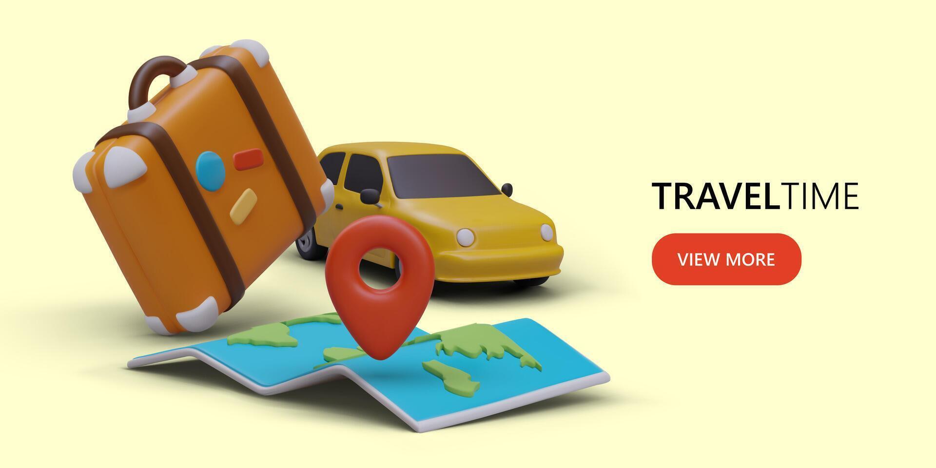 3D car, suitcase, map with red geotag. Vector concept for travel agency