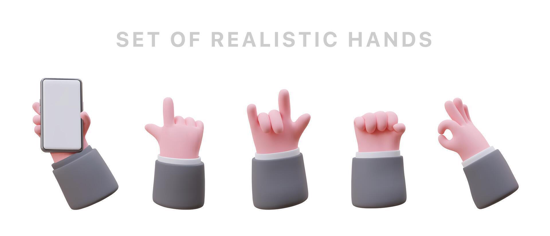 Set of realistic hand gestures. 3d illustration of gesture ok, cool, together power, rock, goat horn vector