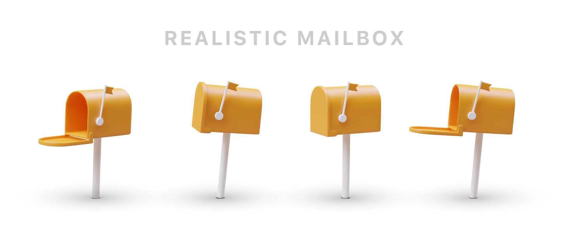 Yellow realistic mailboxes with raised flag. 3D set of icons for messengers, mail applications vector