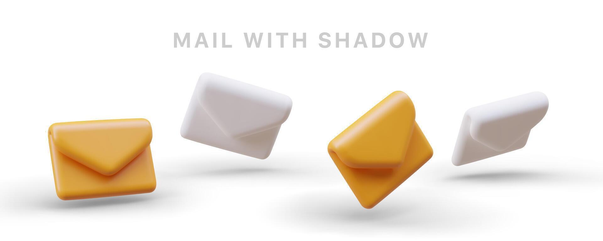 3D yellow and white envelopes with shadows. Set of realistic modern mail icons vector