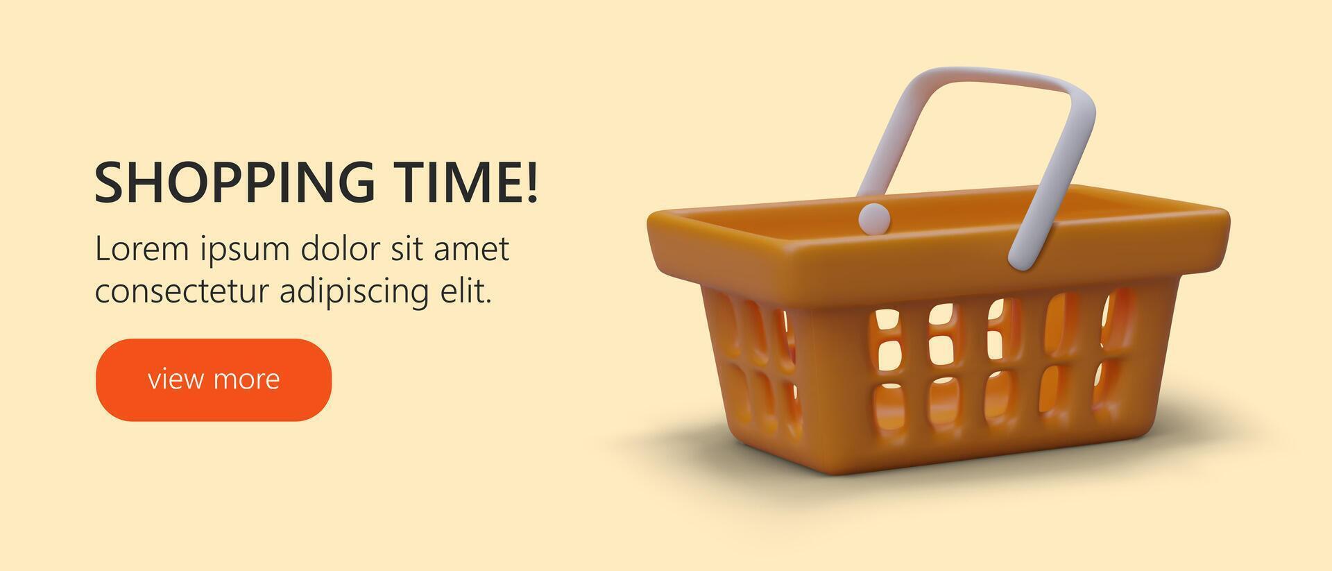 Web page with realistic 3d shopping basket. Promotion banner for market, shopping time concept vector