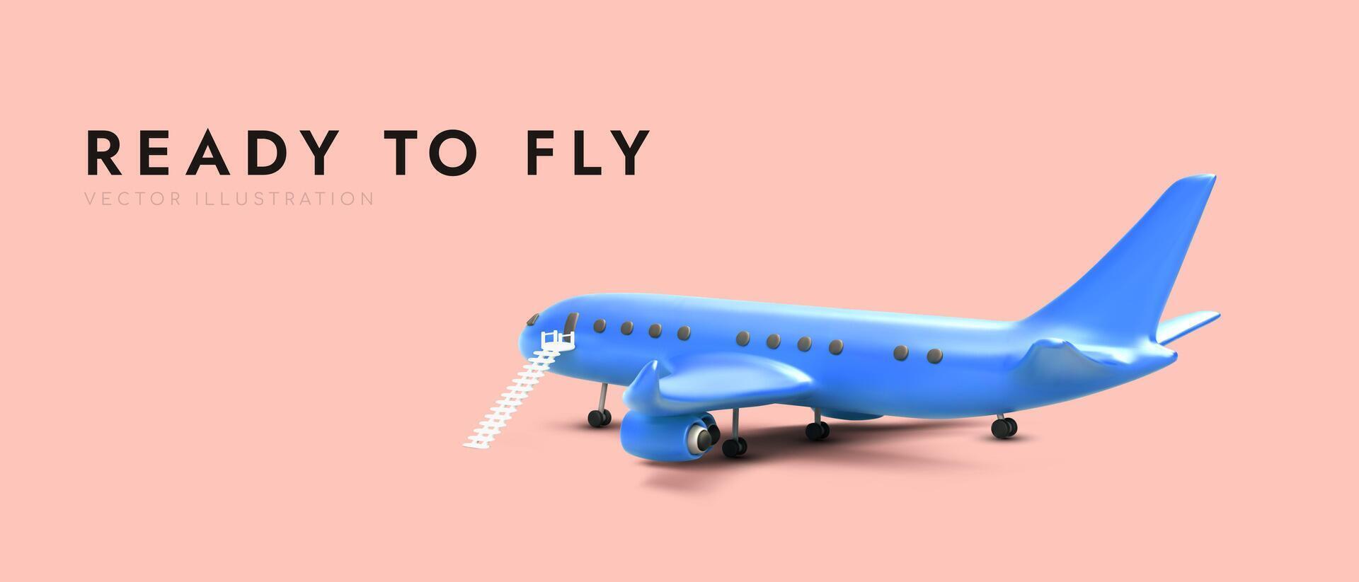 Ready to fly. Blue 3D plane with airstairs. Airplane is waiting for passengers vector