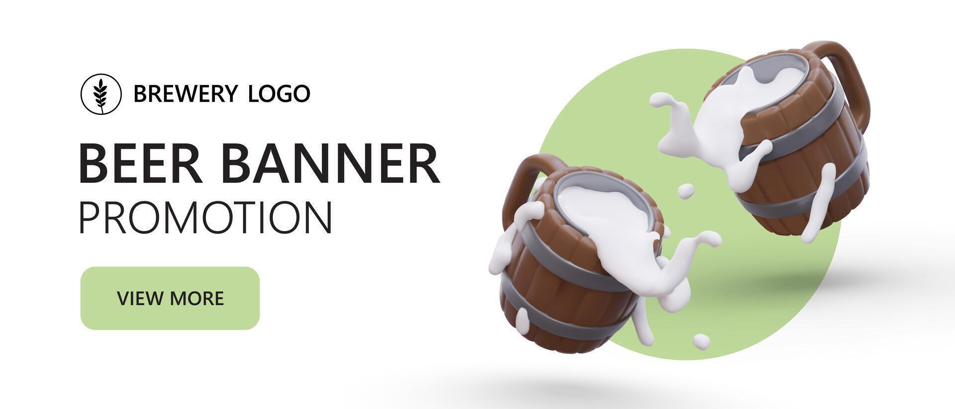 3D wooden mugs with fresh beer. Template for modern advertising of alcoholic beverages vector