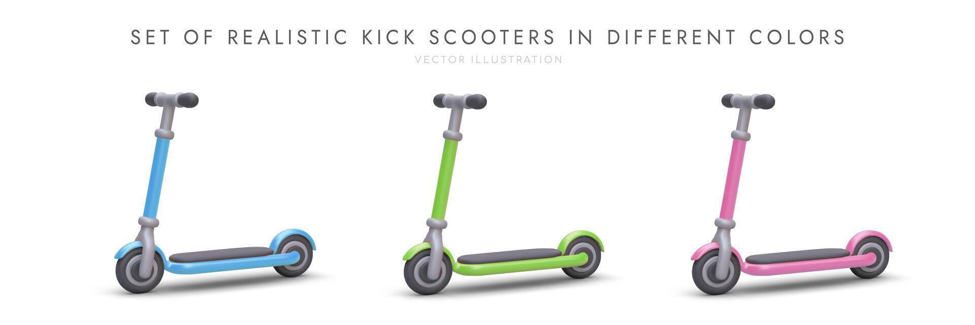 Set of 3D colored scooters. Realistic image of personal transport for adults and children vector