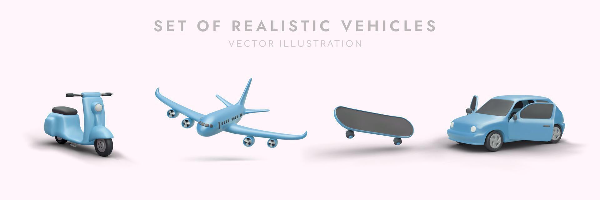 Blue 3D figurines of moped, plane, car, skateboard vector