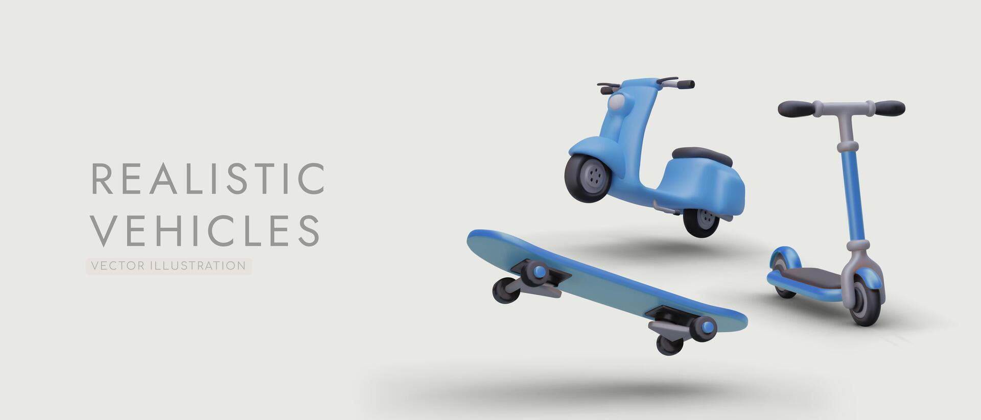 Modern vehicles in motion. Suspended moment. 3D illustrations of scooter, skateboard, moped vector