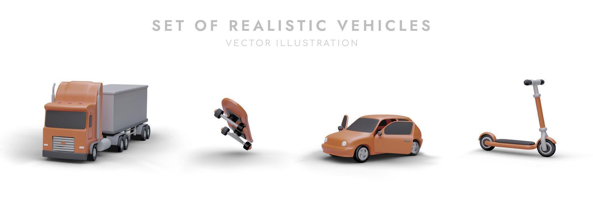 Collection of various transport facilities in cartoon style. Orange truck, scooter, skateboard, car vector