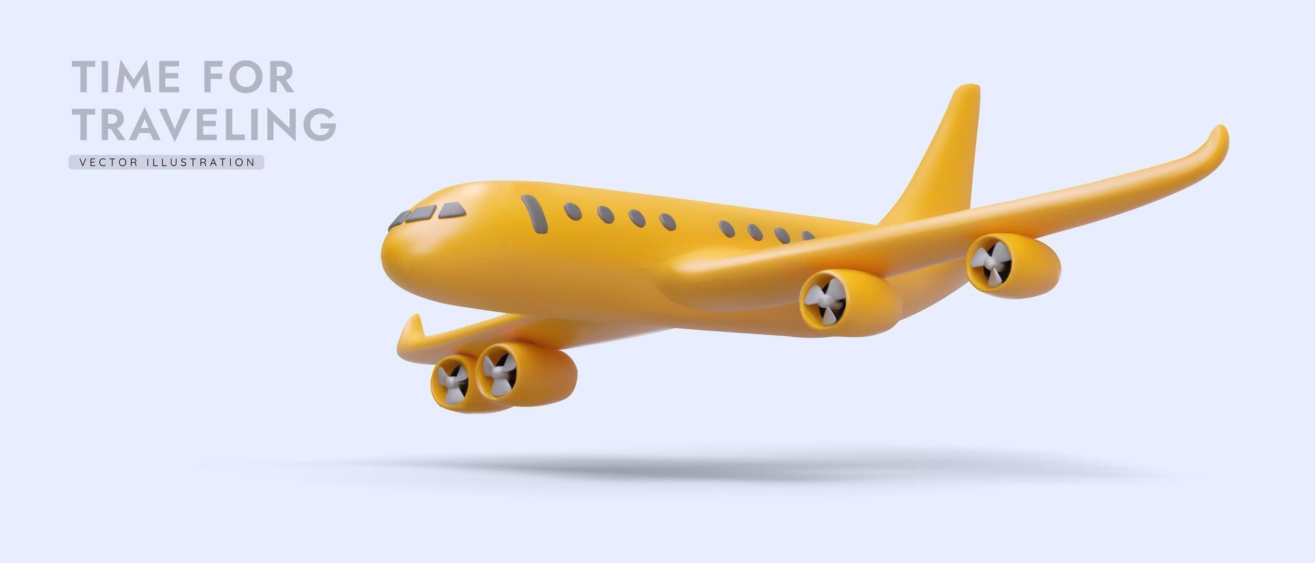 Yellow 3d realistic airplane flying on blue background. Poster for travel agency and airlines vector