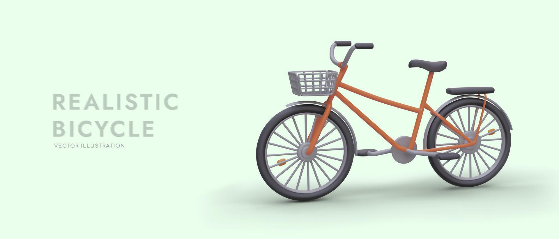 Horizontal banner template with 3D bicycle. Realistic bike with basket and trunk vector