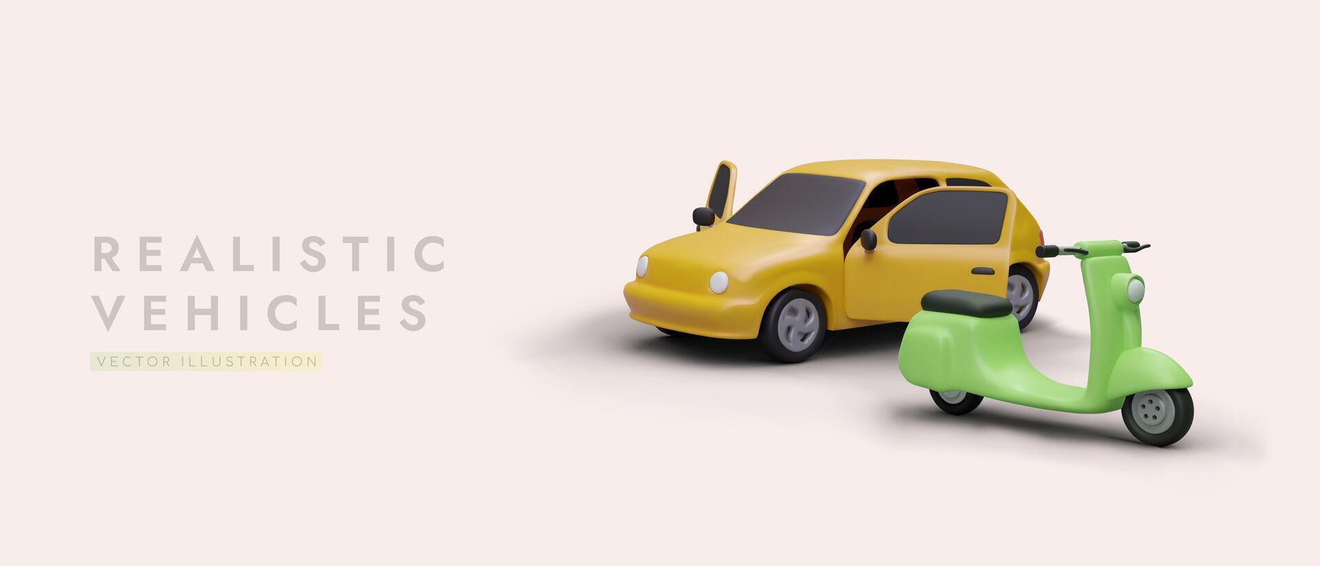 Open and closed vehicles. 3D car and electric motor scooter. Maneuverable personal vehicles vector