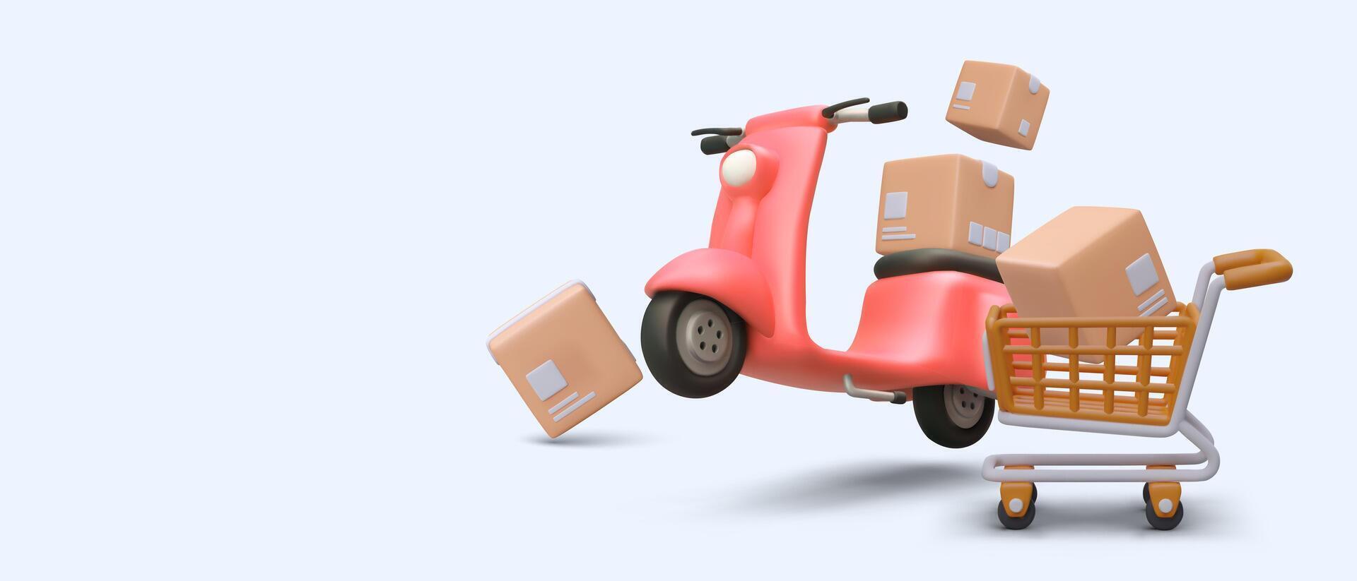 Horizontal promotion banner for delivery company. Red realistic 3d scooter carrying boxes vector