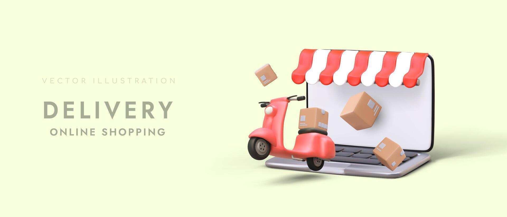 Cartoon scooter carry box to client. Online order in supermarket via laptop and fast delivery vector