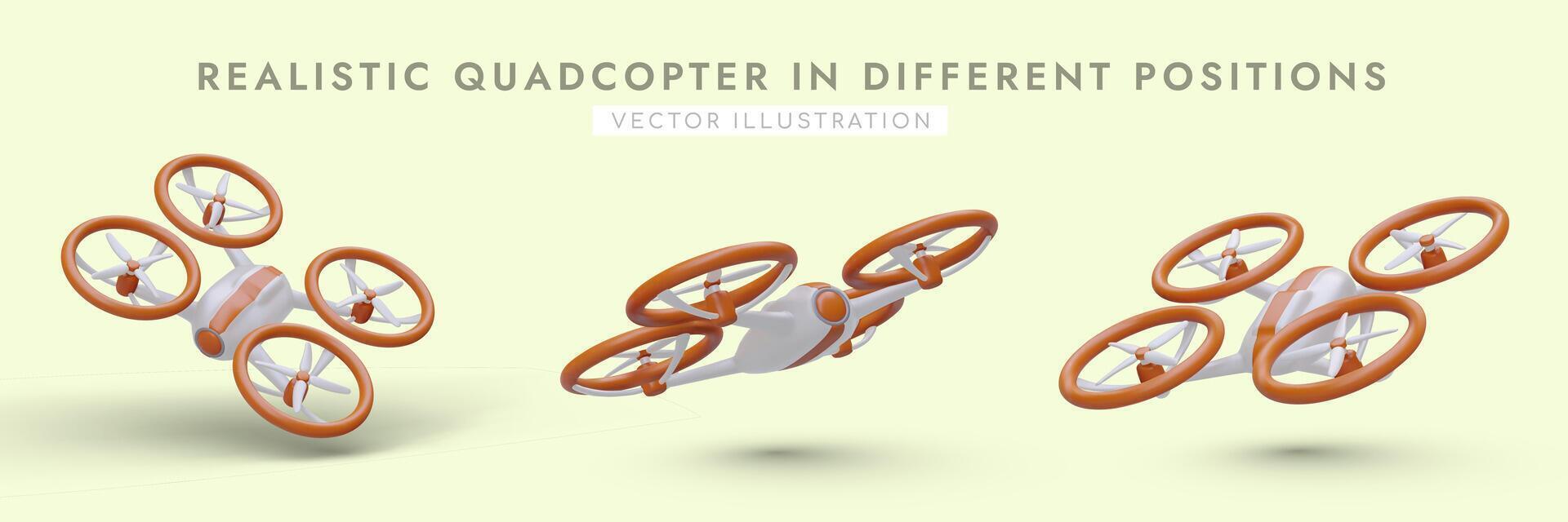 conjunto de realista cuadricópteros en diferente posiciones. volador observadores en remoto controlar vector