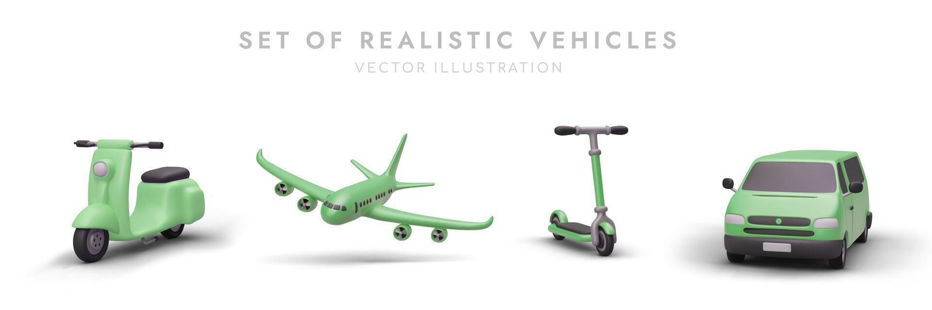 3D set of modern vehicles of green color. Different types of trips, different types of energy vector