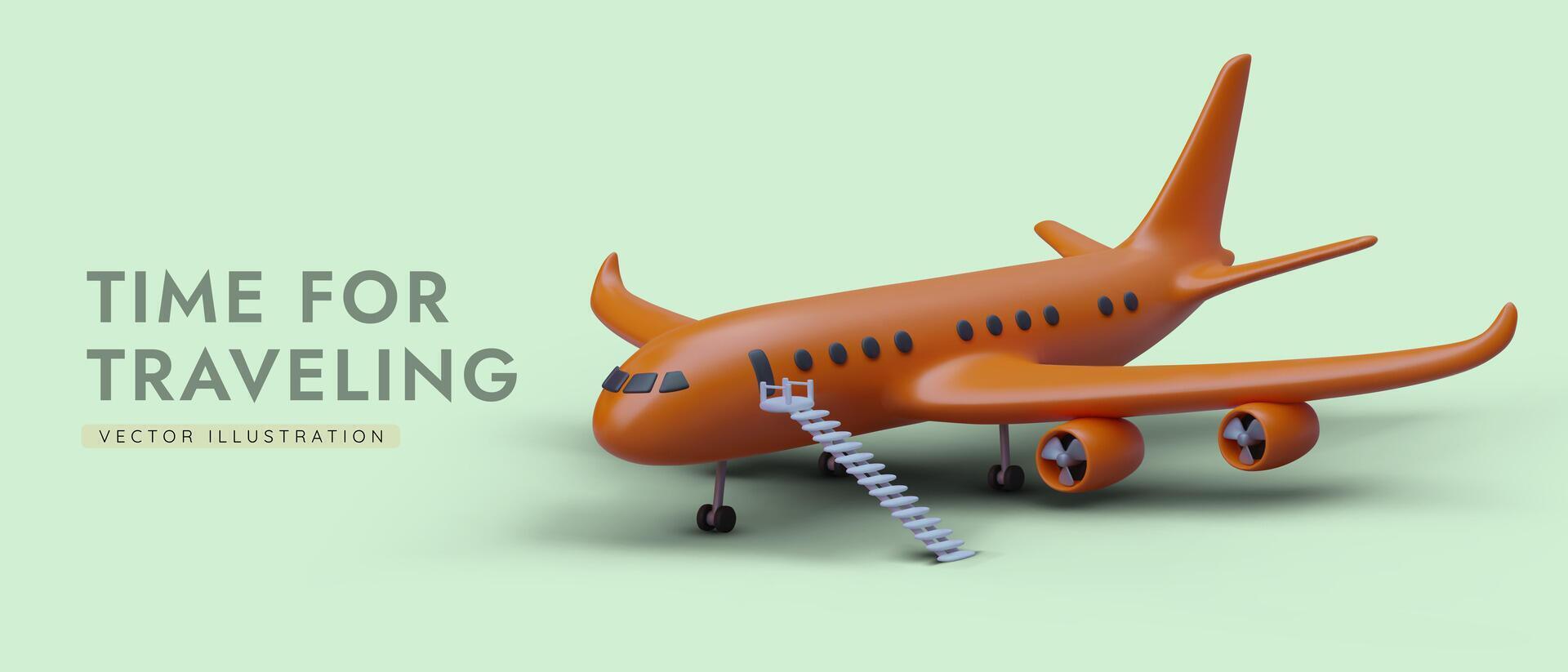 Cartoon 3d orange airplane stands at airport and waiting for passengers. Time for traveling concept vector