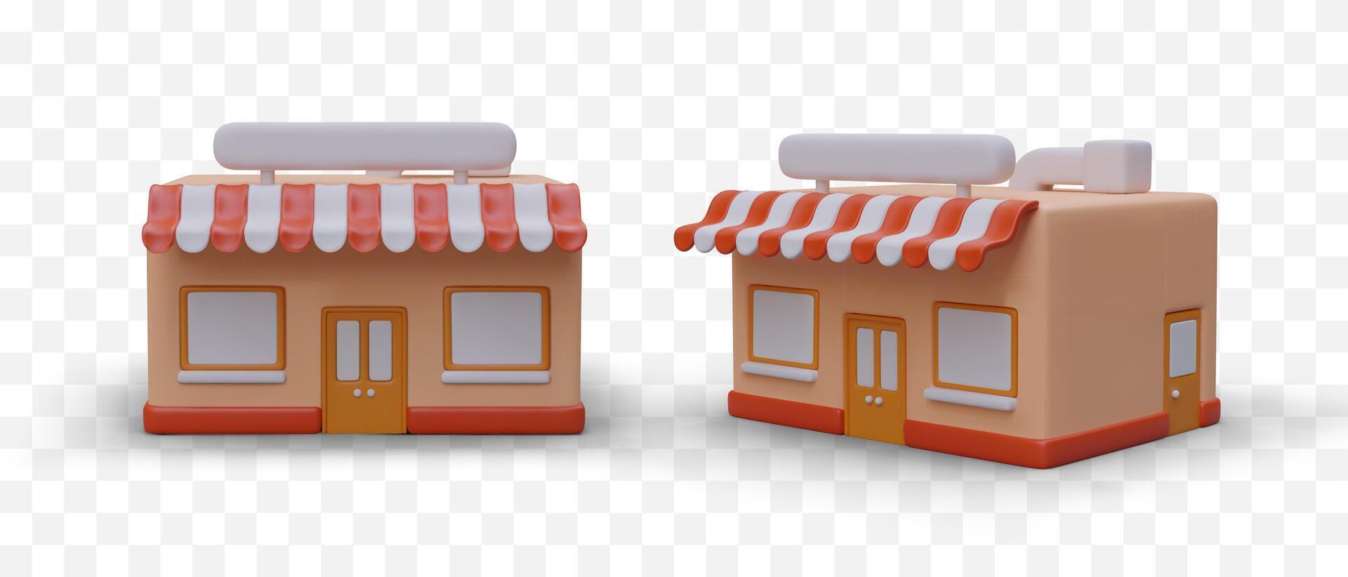 3D shop buildings with bright striped canopies. Two images from different angles vector