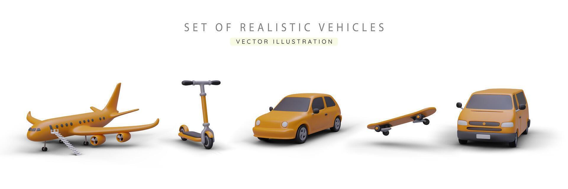 Set of realistic 3d yellow car, bus, airplane, skateboard and kick scooter. Poster with vehicles vector