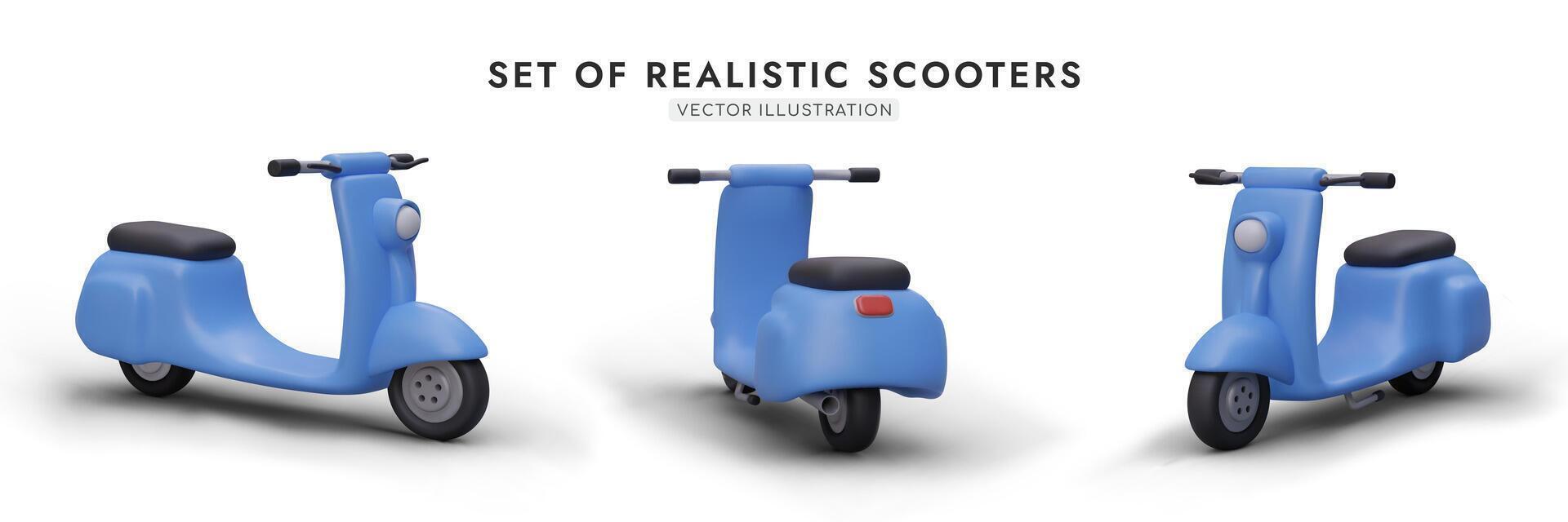 Set of 3D moto scooters, side view, front, back. Delivery service equipment vector