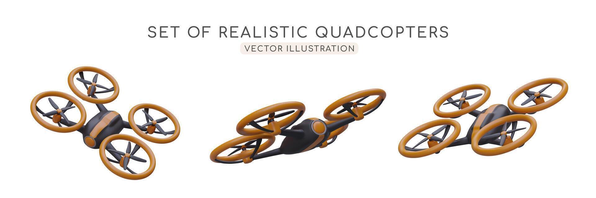 Modern equipment for aerial surveillance. Set of 3D quadcopters vector