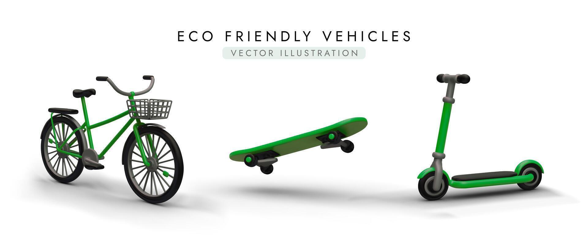 3d realista eléctrico scooter, bicicleta y patineta. póster para empresa de venta eco transporte vector