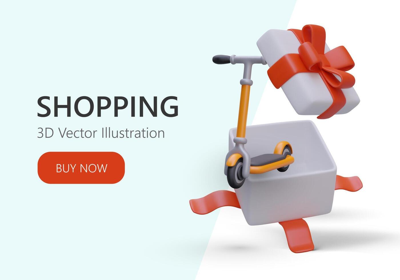 web página para regalo tienda. 3d realista abrió regalo caja con patada scooter dentro vector