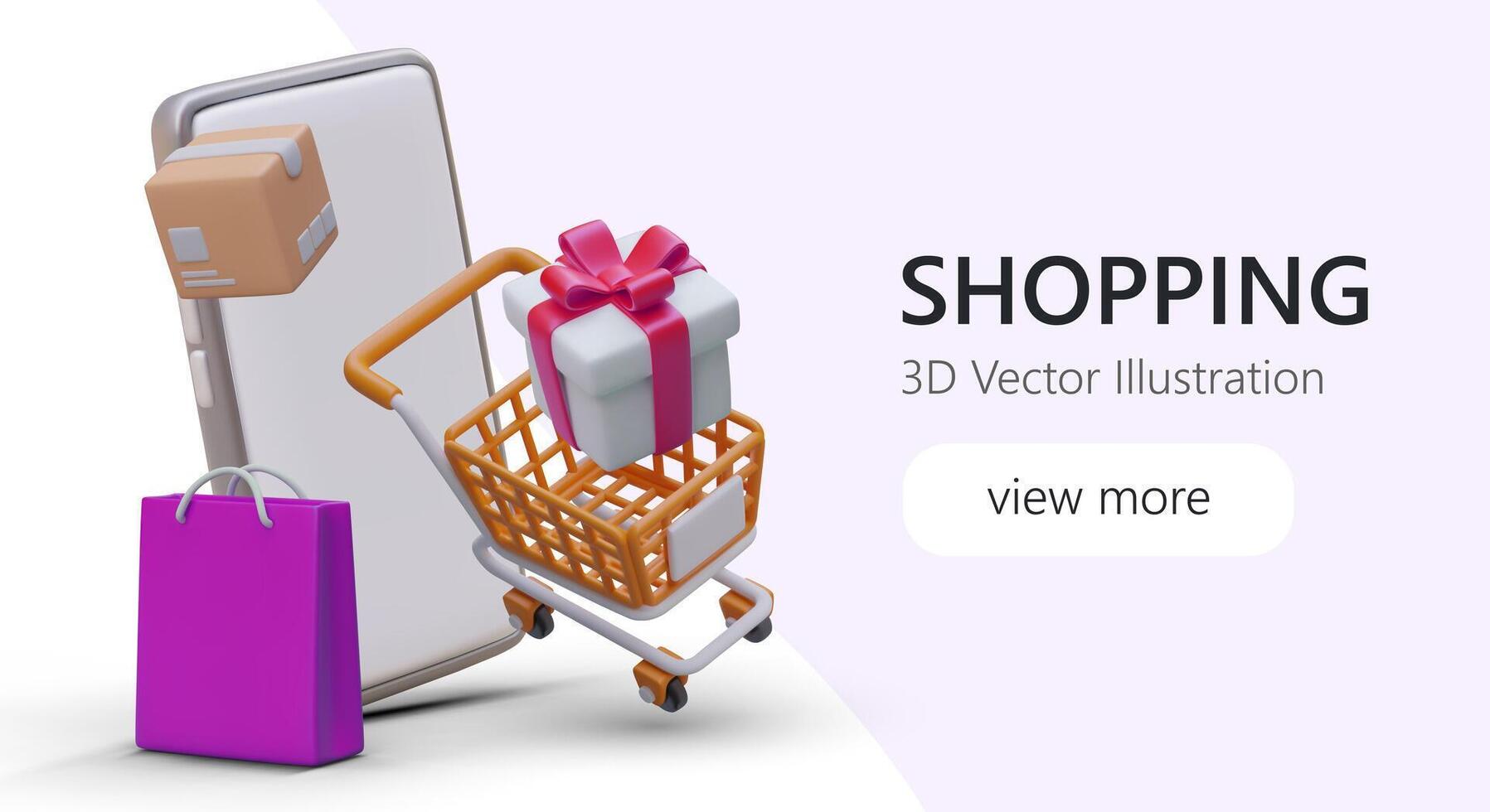 Cartoon poster with 3d mobile phone, cart with gift and bag. Online shopping via mobile phone vector