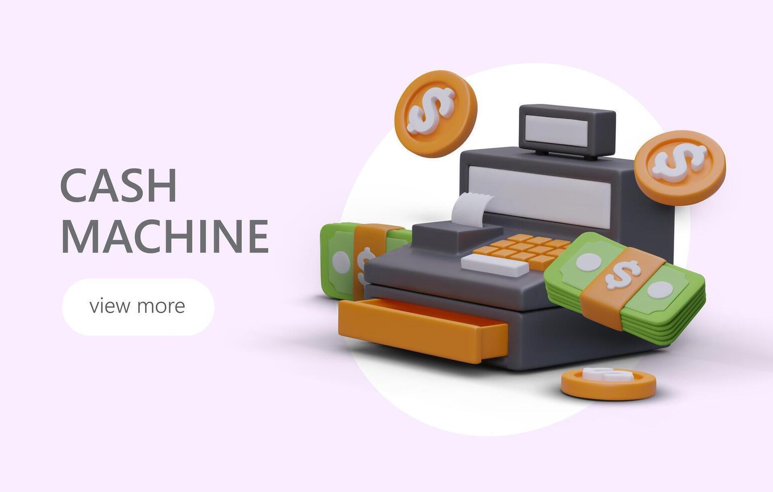 Realistic 3d cash machine print tab, banknotes, credit card. Web page for financial company vector