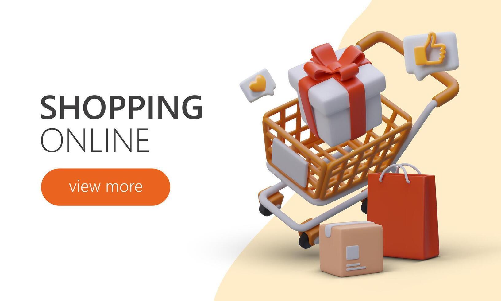 Web page with realistic plastic cart and boxes. Colorful landing page for souvenir shop vector