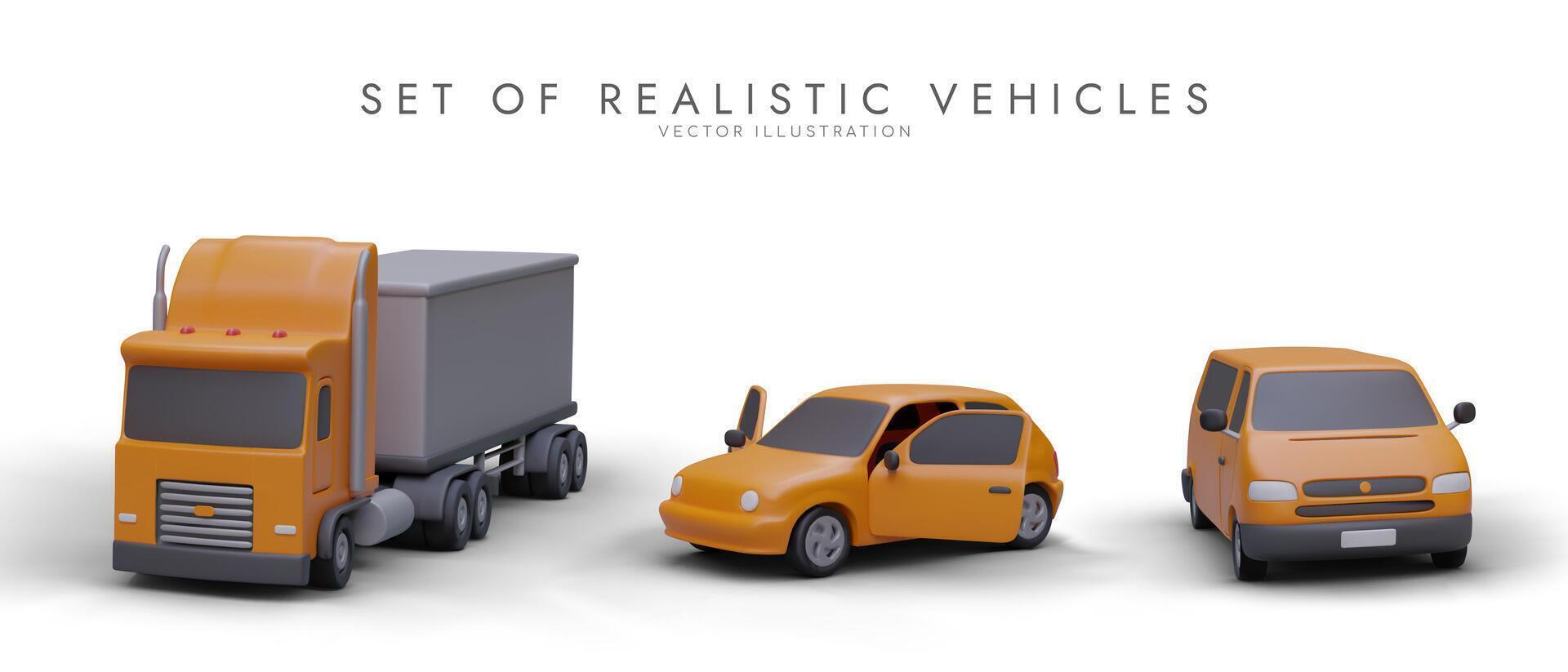 Set of realistic vehicles with shadows. 3D truck, minivan, car vector