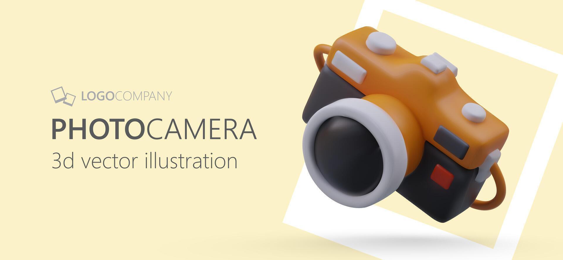 Poster with cartoon realistic 3d photo camera. Advertising poster, for photographic equipment vector