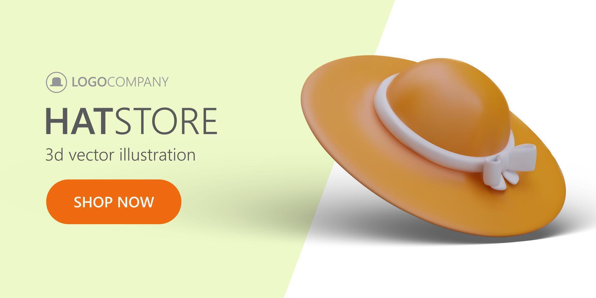 3d sombrero y naranja botón tienda ahora. horizontal web página para en línea almacenar, rebaja sombreros y sombreros vector