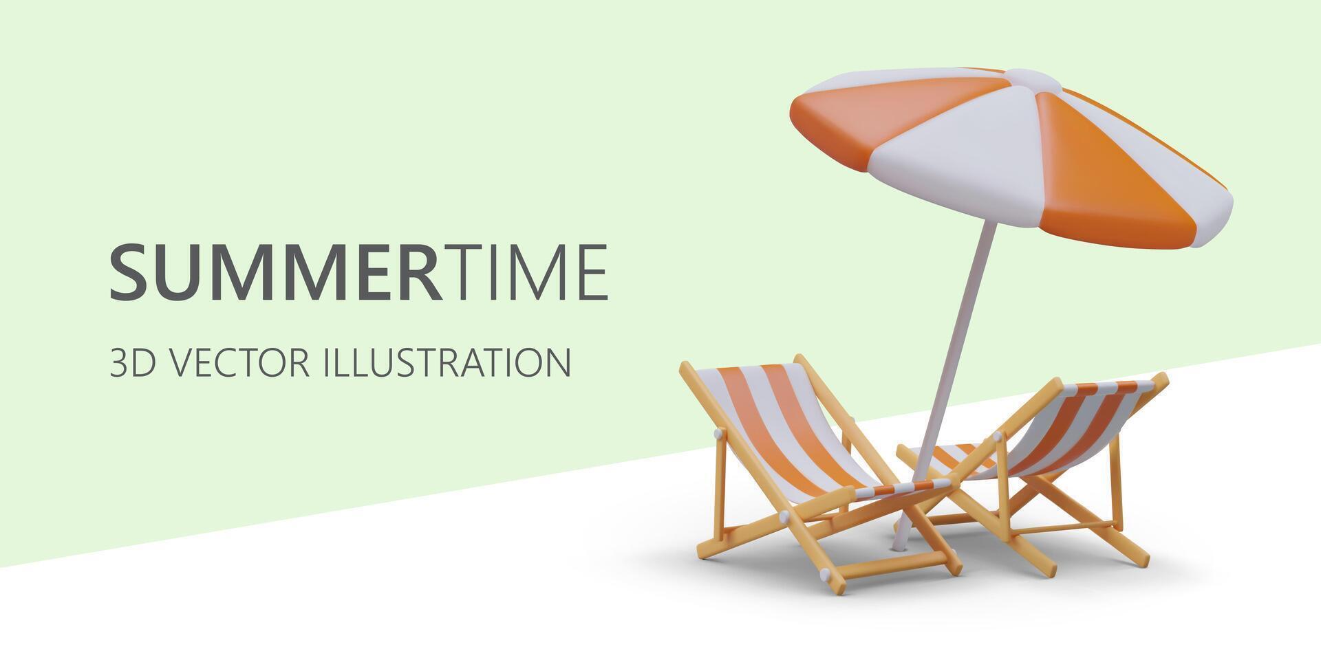 Web poster with 3d realistic cartoon sunbed and sunshade on green background vector