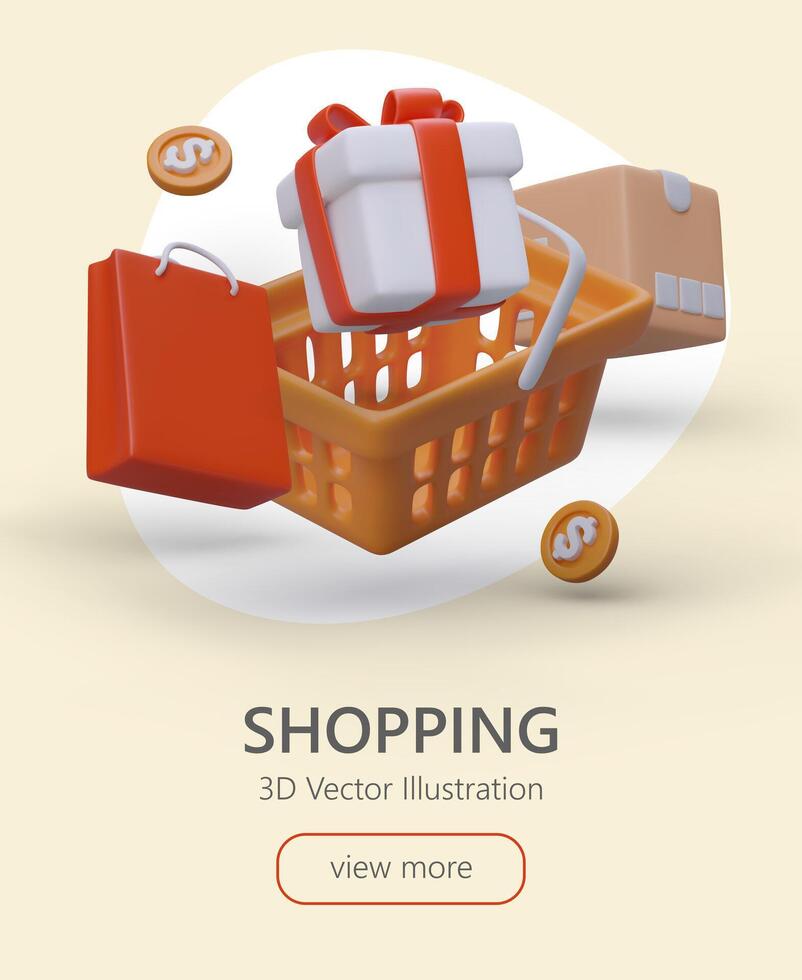 Web page with 3d basket, gift box, parcel and shopping bag. Colorful online shopping landing page vector