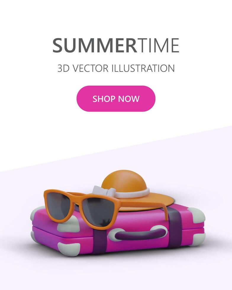 3d vector suitcase with sunglasses and hat. Vertical poster for store with button shop now