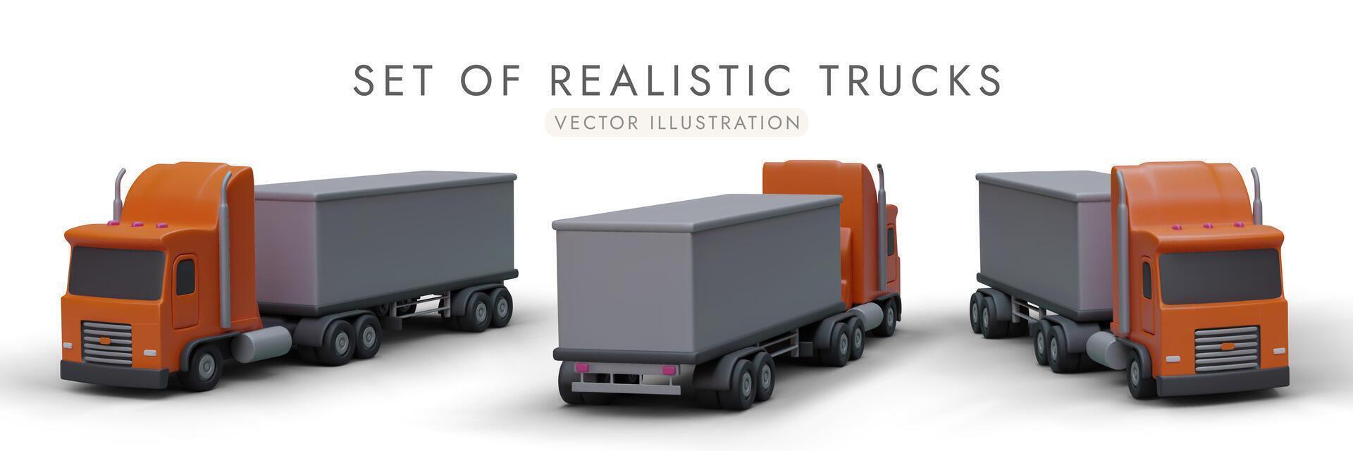 Set of cartoon 3d orange trucks in different positions. Transport for delivery products vector