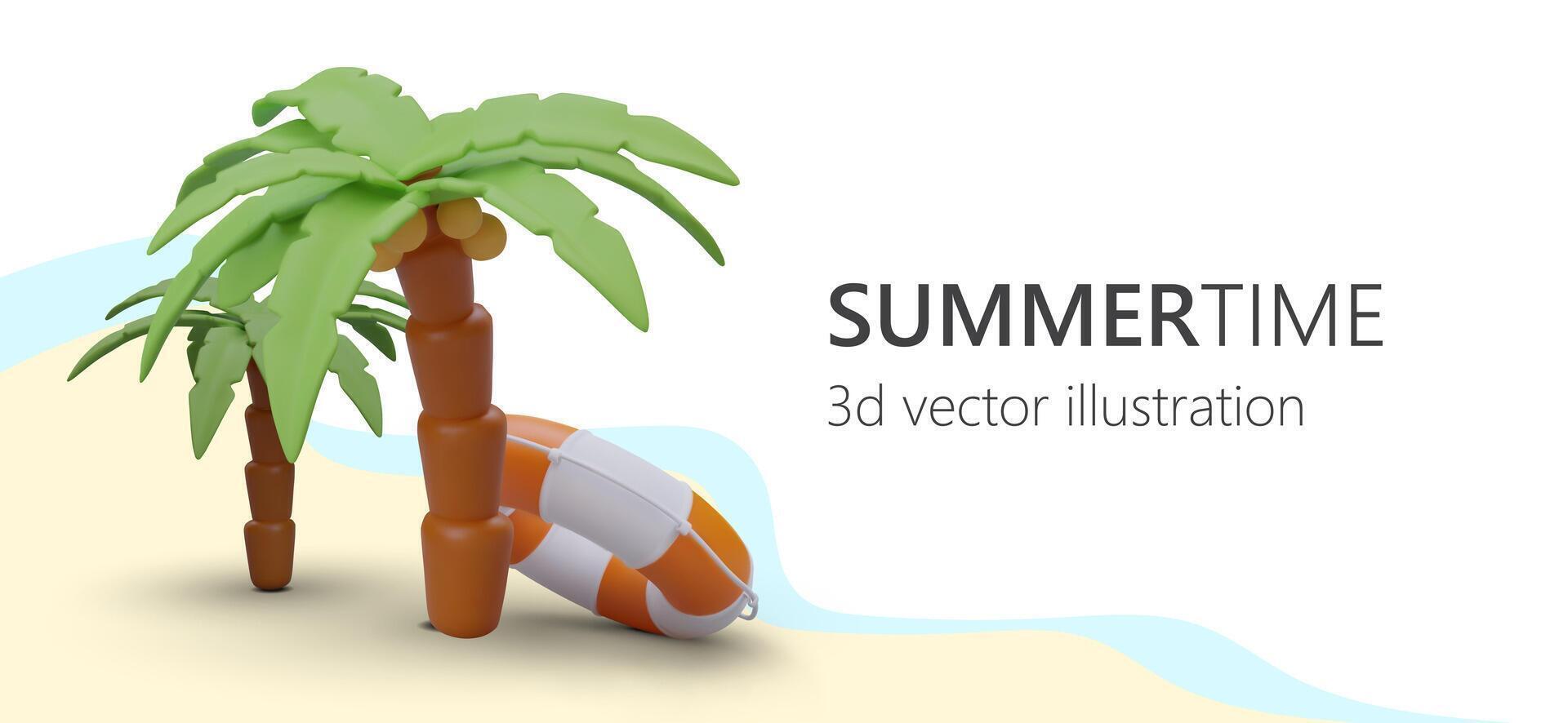 Realistic 3d palm trees, beach and lifebuoy. Colorful web poster with place for text vector