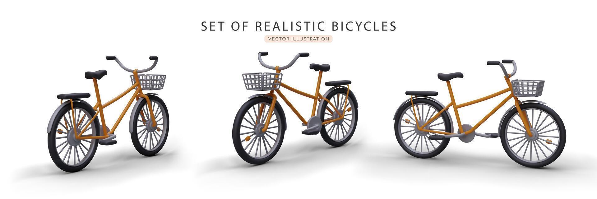 Set of 3d bicycles in different positions. Advertising poster of bicycles sale and rental company vector