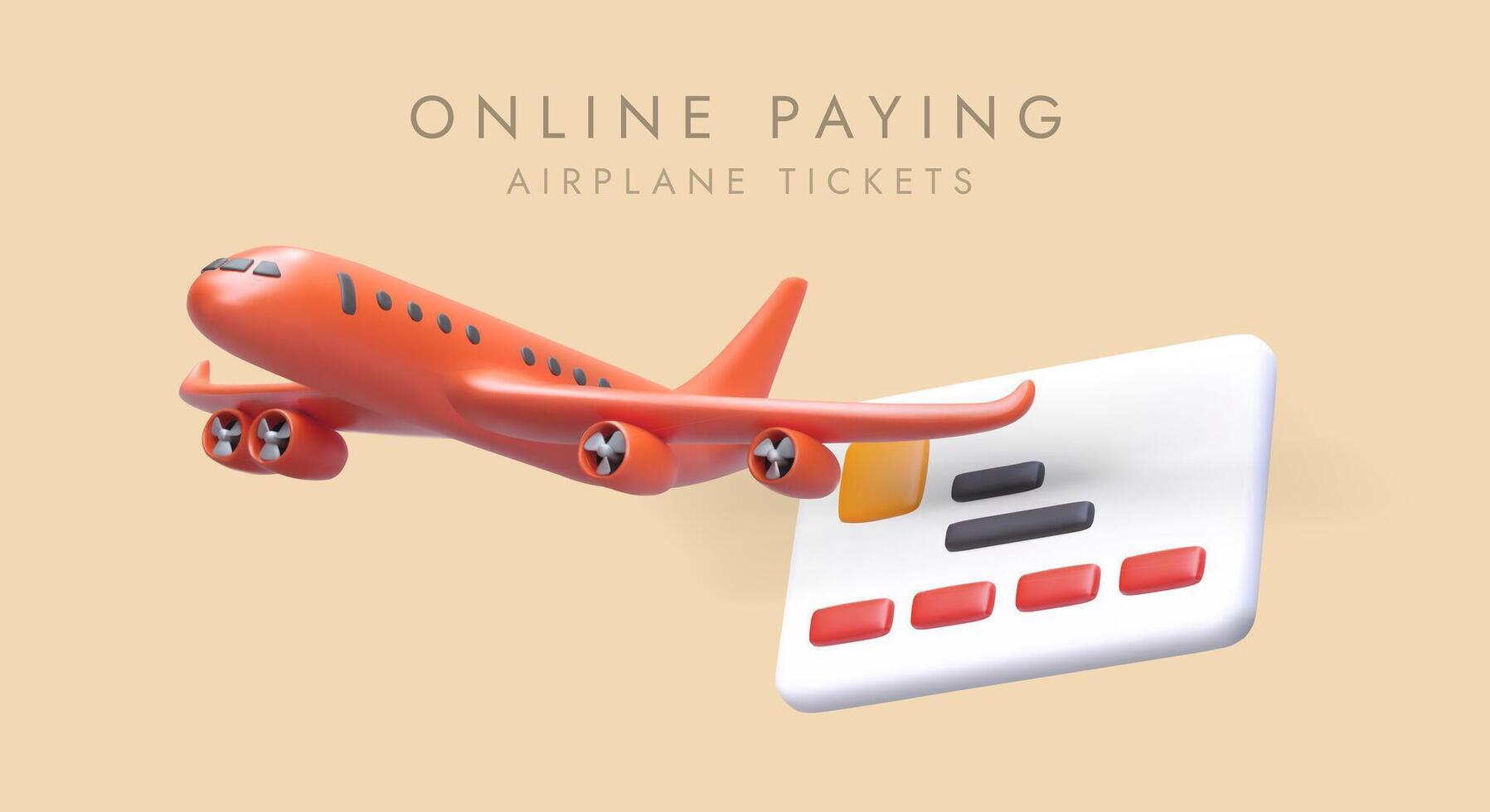Orange 3d realistic airplane and big credit card. Paying online, buying airplane tickets from home vector