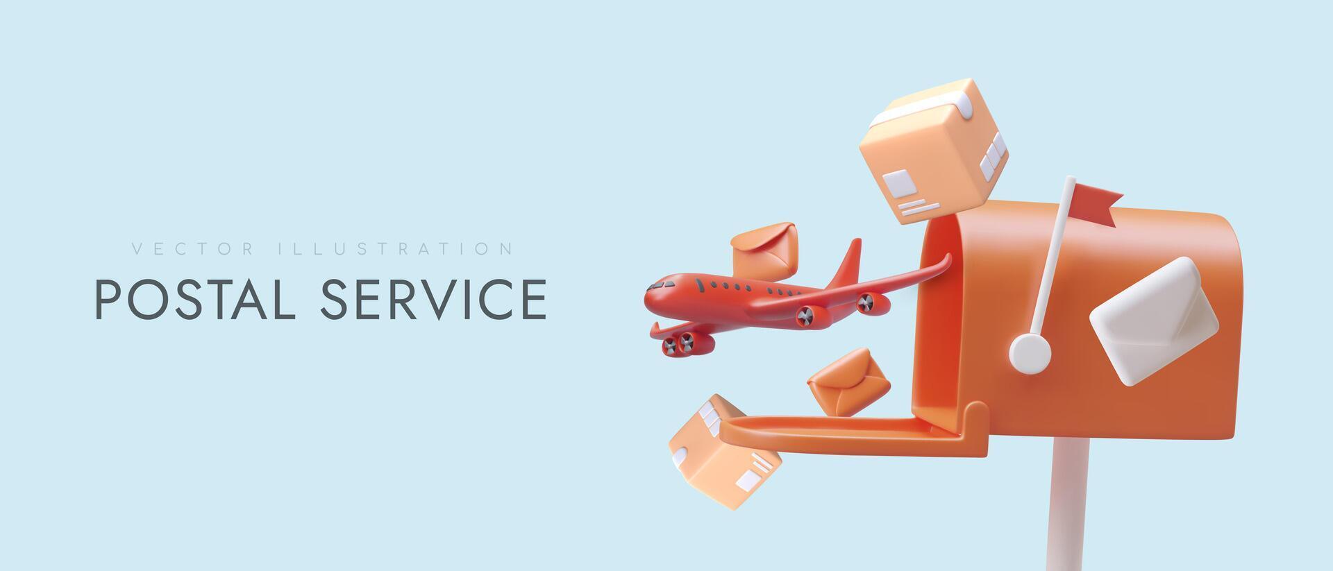 Cartoon orange 3d realistic mailbox, airplane, parcels and correspondence vector