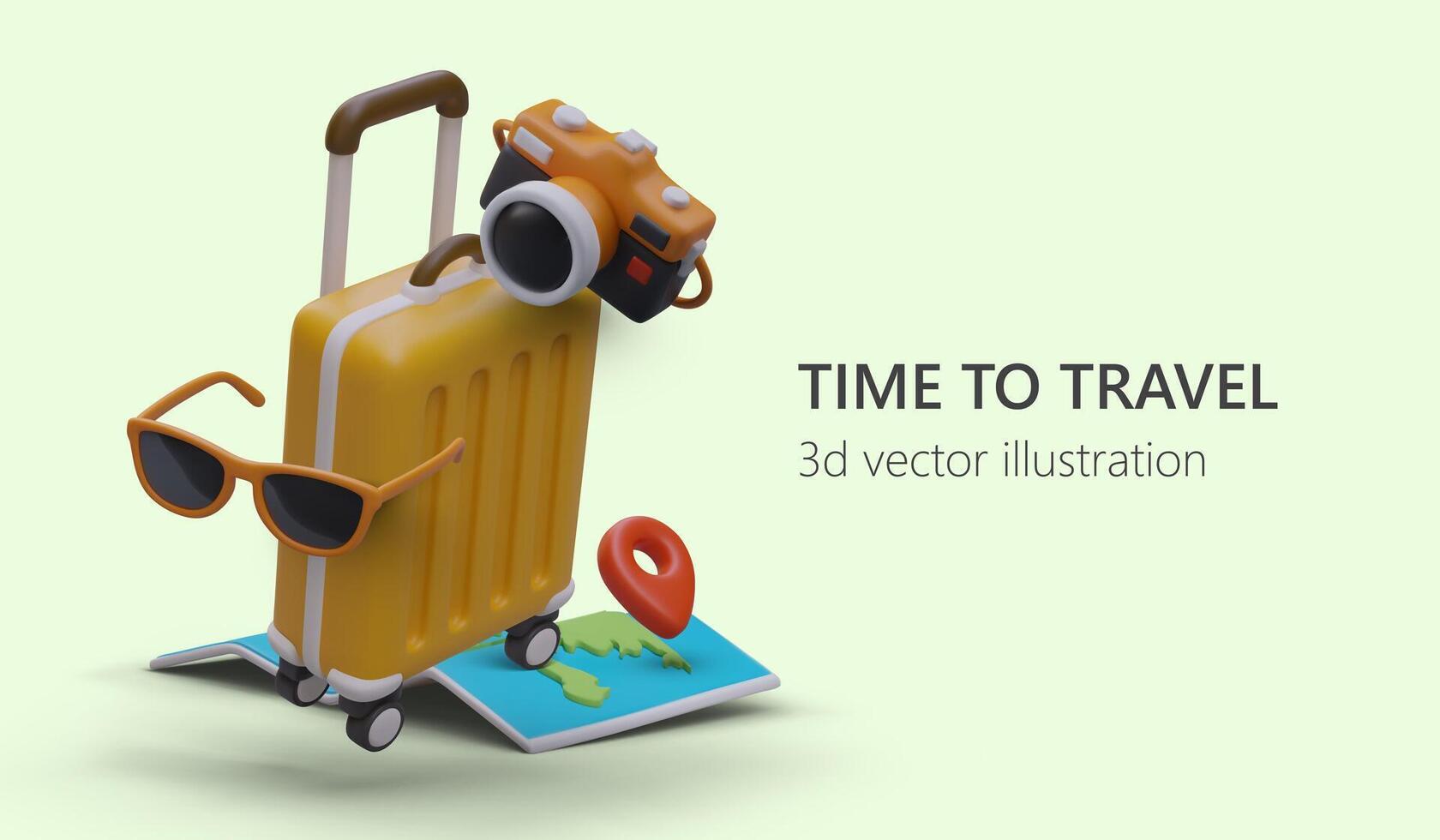 Wanderlust, time to travel. Banner with floating 3D elements vector