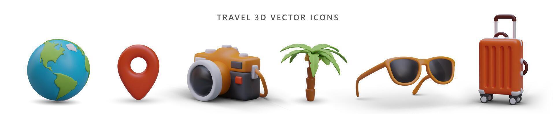 viaje 3d íconos conjunto con oscuridad. colección de señales en tema de viaje vector