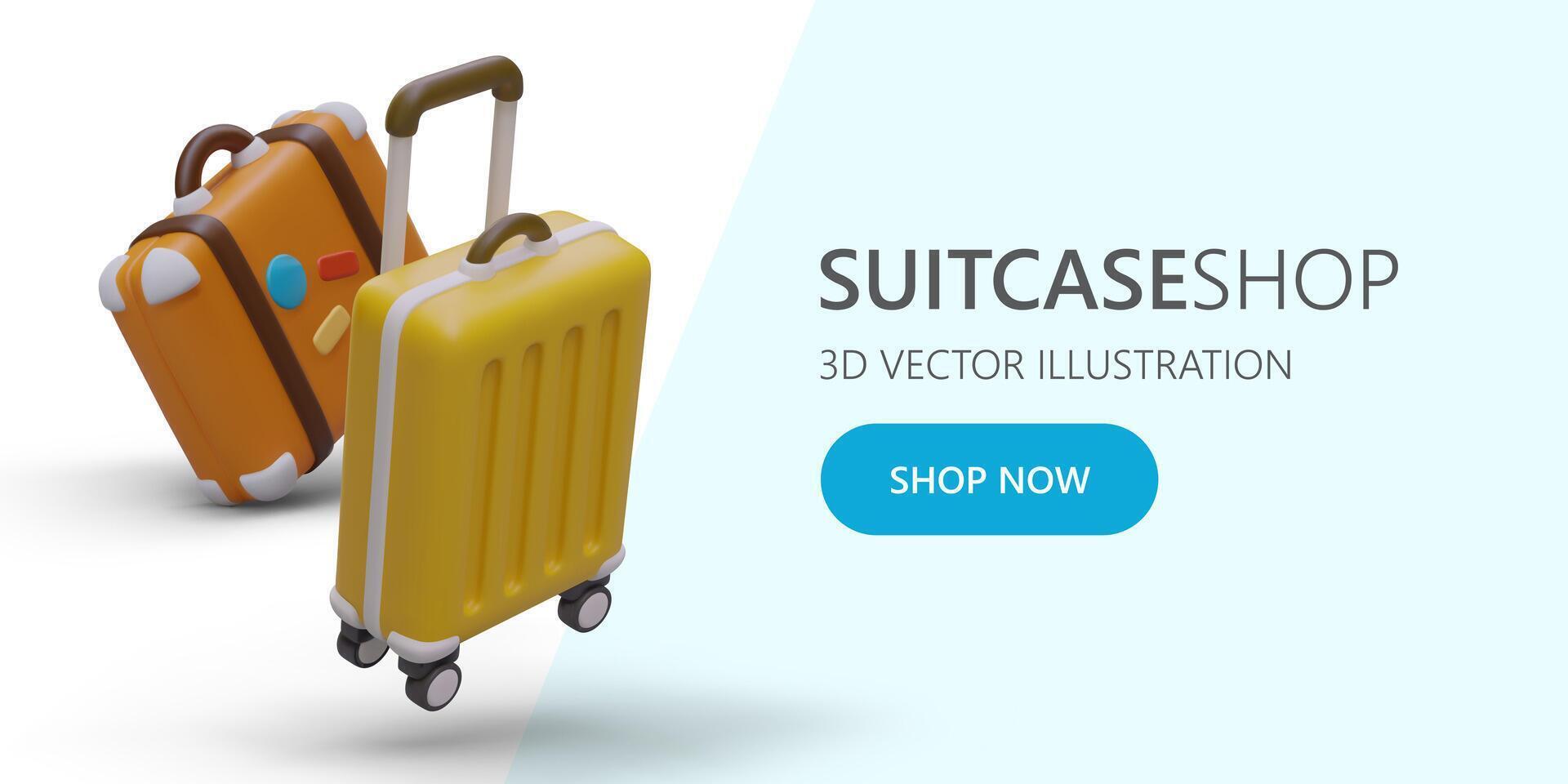 Web poster with 3d realistic suitcase with colored stickers and trolley bag vector