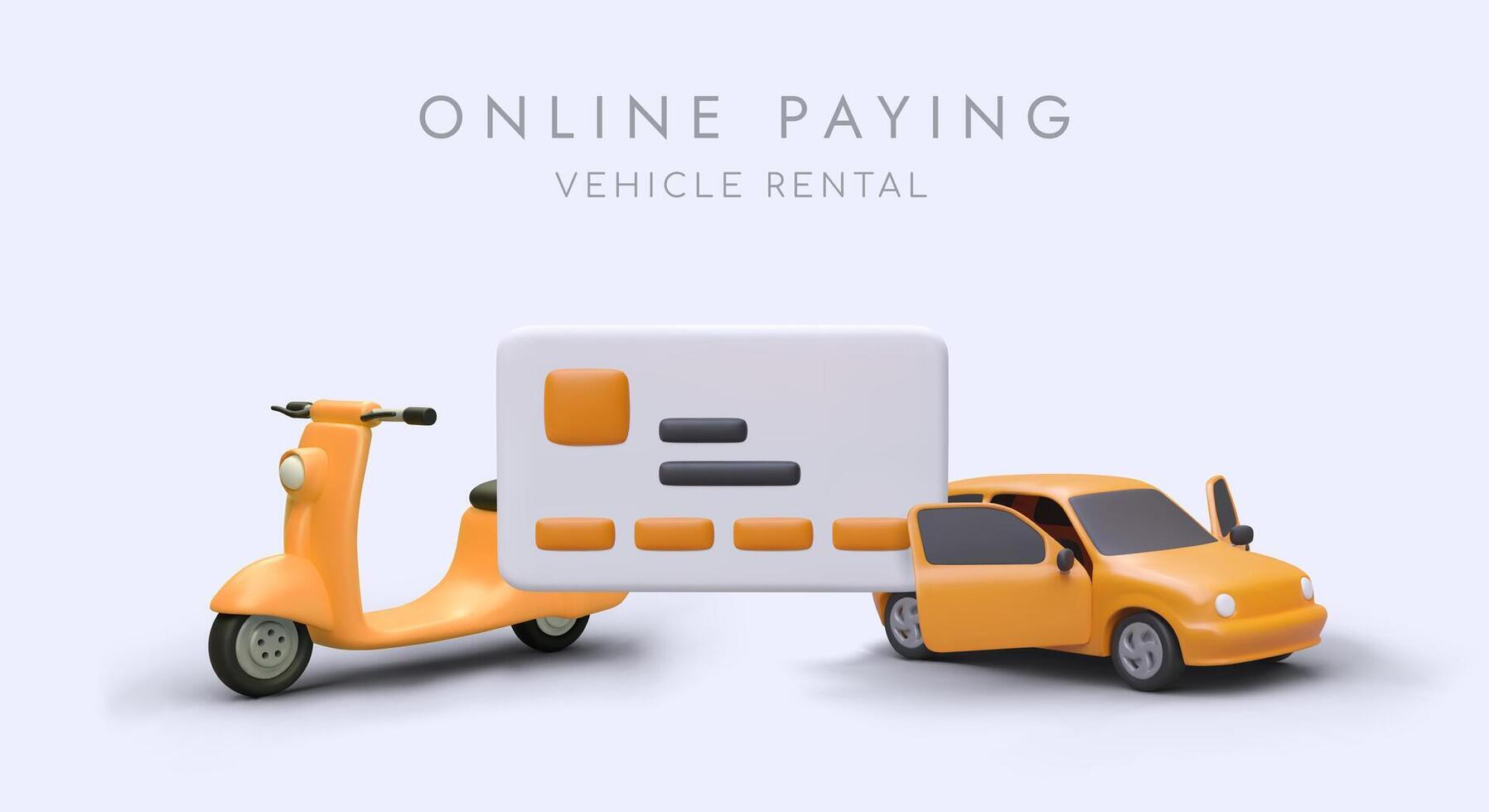 Payment of vehicle rental online. Choosing car and electric scooter remotely vector