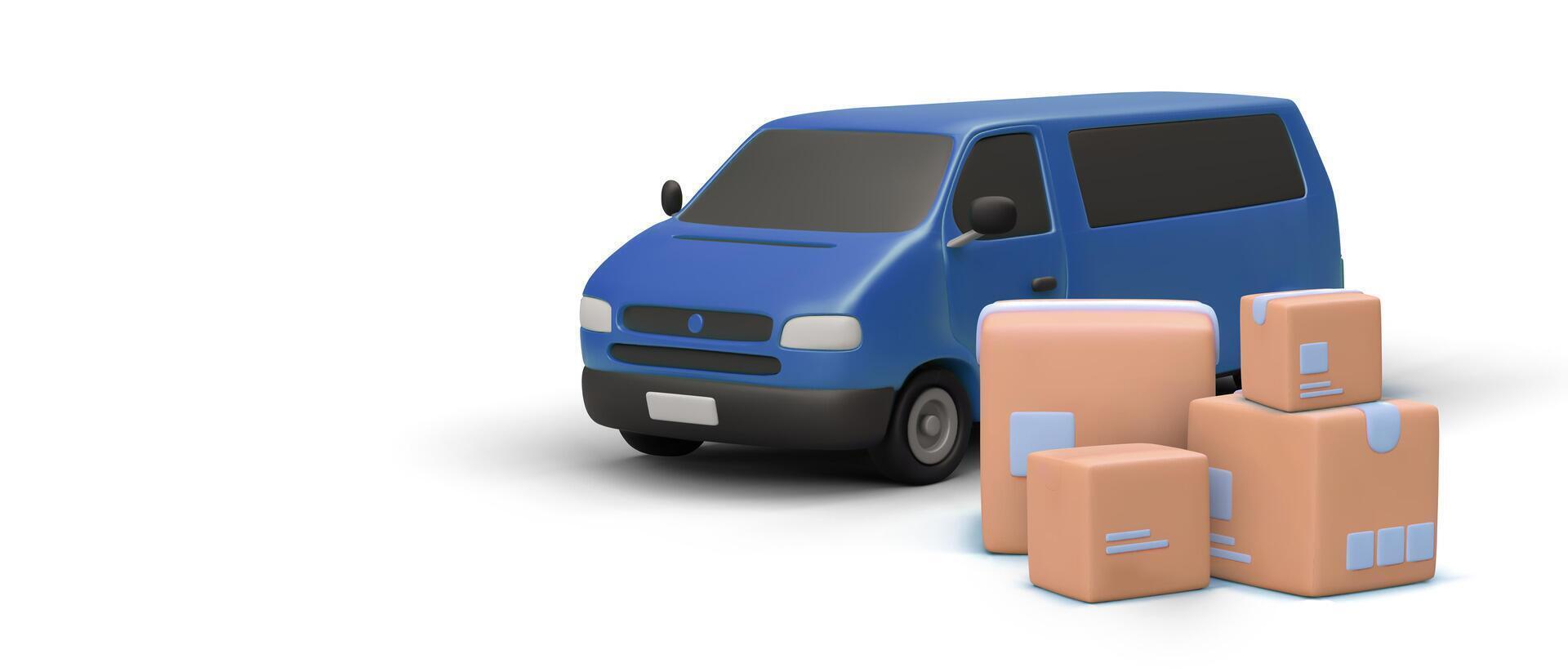 Minivan with bunch of boxes. 3D car picks up parcels. Advertising of transport services vector