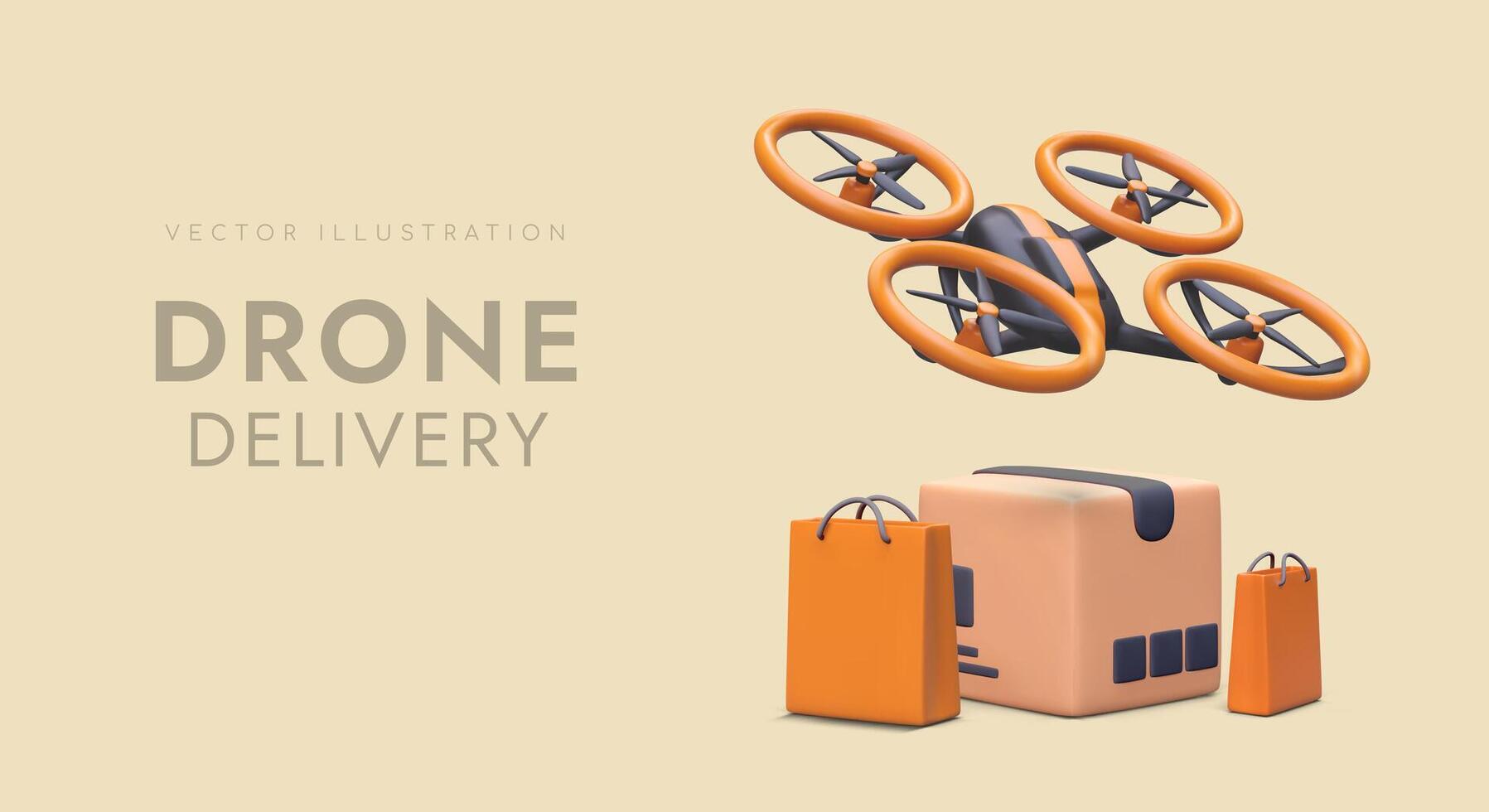 3d realistic drone, shopping bags and cartoon box. Landing page for delivery company vector