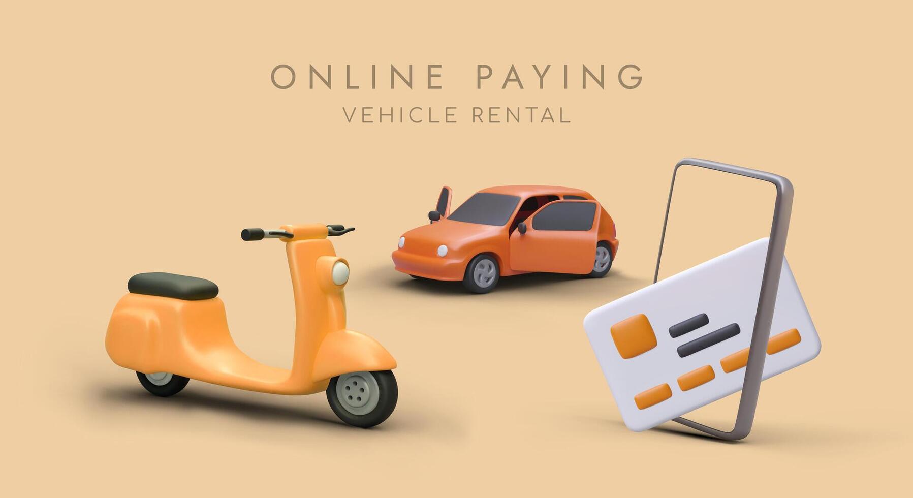 Realistic 3d yellow scooter and orange car with open doors waiting for driver vector